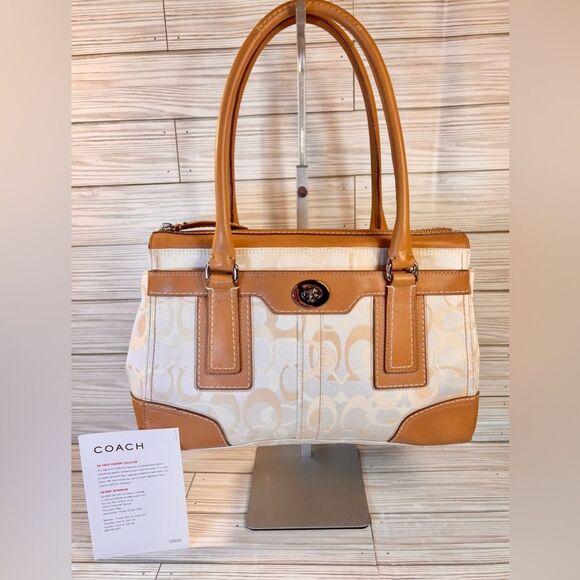 044-Coach:11818 Hampton Optic Brown Signature C Jacquard Cream Leather Handbag - Picture 1 of 12